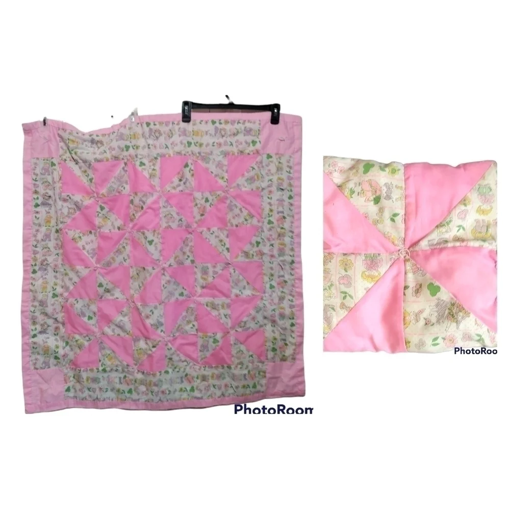 Vintage handmade child's quilt and matching pillow pink and print